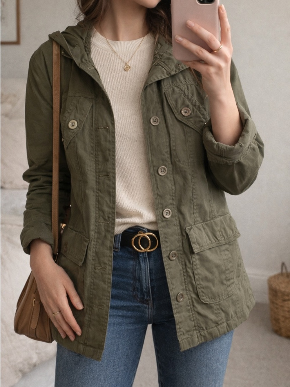 Suzy Shier Olive Green Hooded Utility Jacket